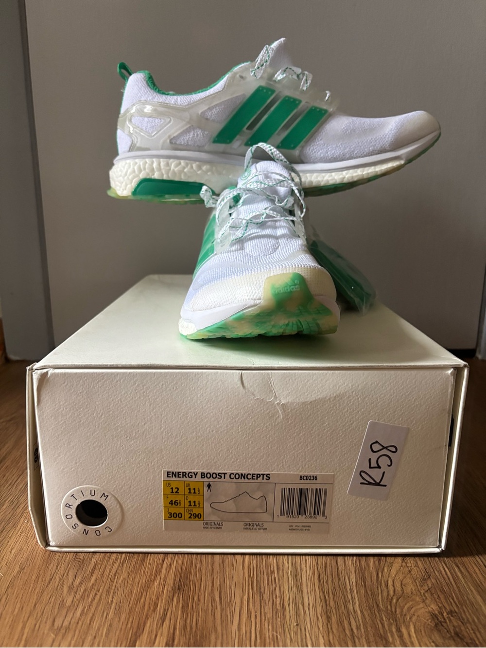 adidas White and Green Energy Boost Athletic Shoes